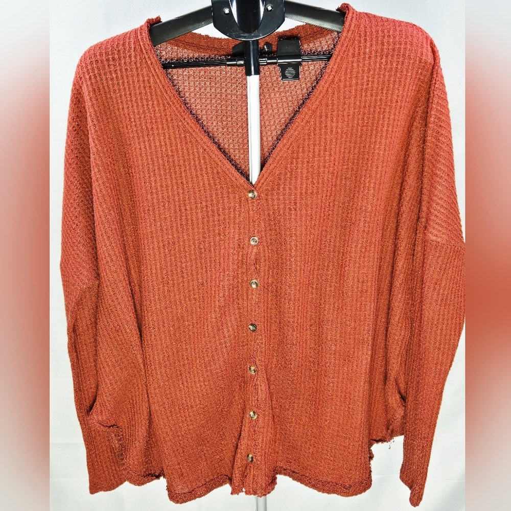 Out From Under Waffle Knit Minimalist Cabincore Raw Hem Button Shirt, Large